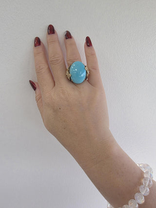 18K Gold 21.17 Carat Turquoise Oval Sapphire and Diamond Floral Ring