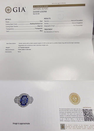 Art Deco Platinum 3 Carat No Heat Blue Sapphire Oval  GIA Diamond Ring