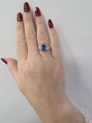 Art Deco Platinum 3 Carat No Heat Blue Sapphire Oval  GIA Diamond Ring