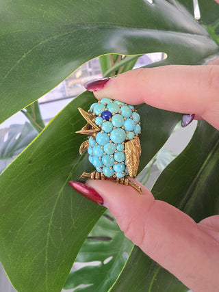 Vintage Rossi 18K Gold Turquoise & Lapis Lazuli Bird Brooch