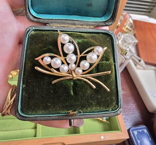 Vintage Mikimoto Akoya Pearl Lotus Floral Brooch 14K Gold