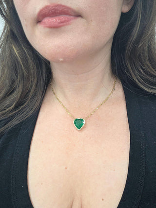 14K Gold 12.55 Carat Emerald Heart Shape Bezel Set Diamond Chain Necklace