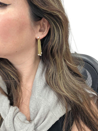 Vintage 14K Mesh Gold Chain Pearl Dangle Earrings