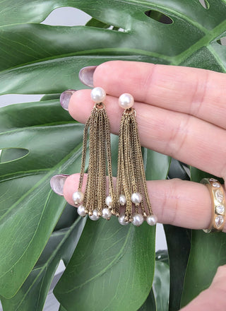 Vintage 14K Mesh Gold Chain Pearl Dangle Earrings