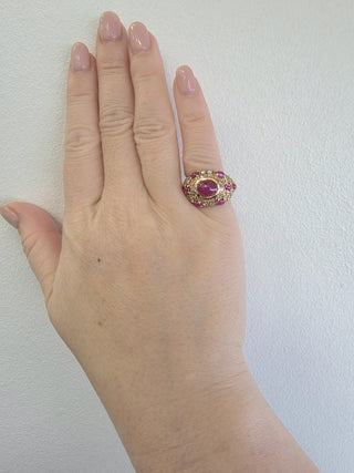 14K Gold 3.5 Carats Ruby Cabochon and Diamond Dome Ring