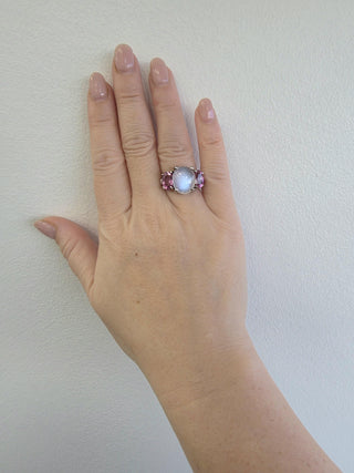Judith Ripka 18K WG 5 carat Moonstone Pink Tourmaline Diamond Ring