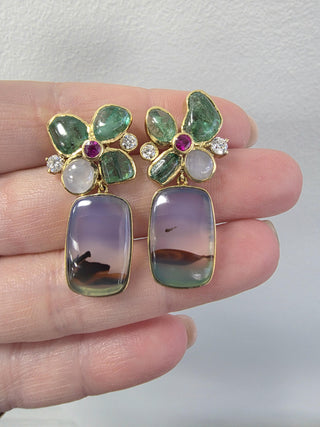 Estate 18K Yellow Gold Multi Gemstone Artisan Carved Agate Earrings