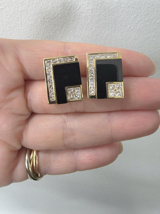 Estate 14K Gold Onyx and Diamond Rectangular Stud Earrings