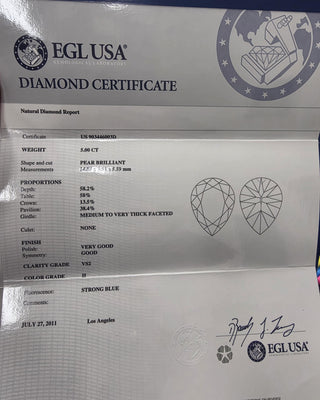 5.00 Carat Pear Shape H VS2 EGL USA Certified Loose Diamond