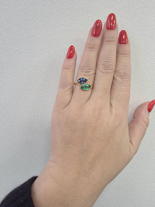 18K Gold 1.55 Carat Sapphire and 0.98 Carat Emerald Toi et Moi Marquise Ring