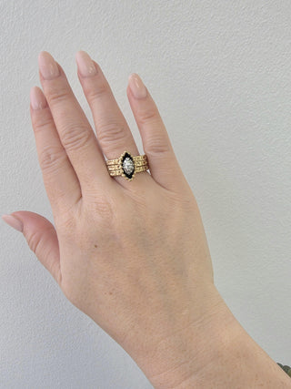 Vintage 14K Gold Marquise Diamond Black Enamel Chunky Navette Ring