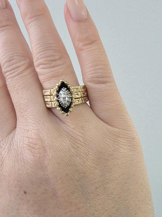 Vintage 14K Gold Marquise Diamond Black Enamel Chunky Navette Ring