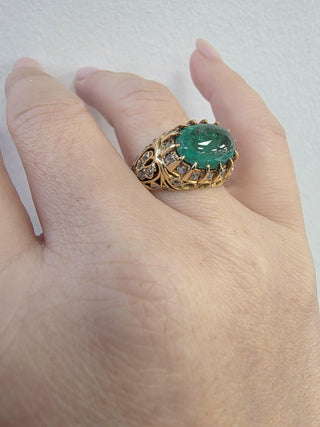 Vintage 18K Gold 3 Carat Colombian Emerald Cabochon and Diamond Ring