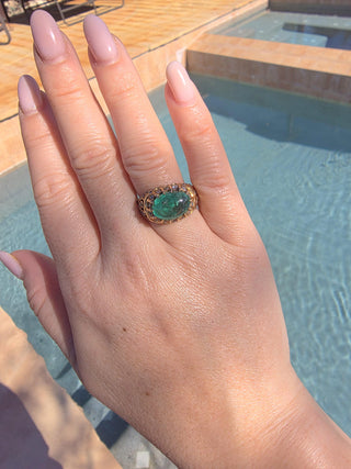 Vintage 18K Gold 3 Carat Colombian Emerald Cabochon and Diamond Ring