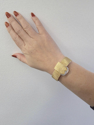 Vintage 14K Mesh Gold Hamilton Hidden Dial Diamond Cocktail Bracelet Watch