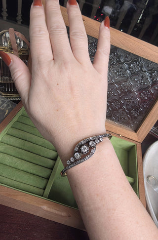 Antique French Napoléon III 2.50 Carats Diamond Cuff Bangle Rose Gold & Silver