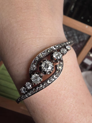 Antique French Napoléon III 2.50 Carats Diamond Cuff Bangle Rose Gold & Silver