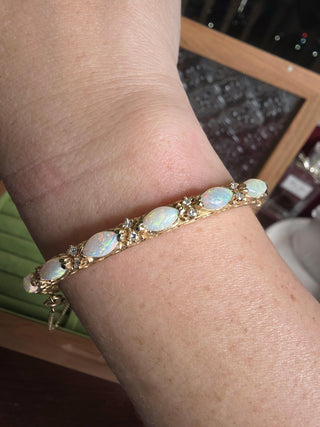 Vintage Australian Opal & Diamond Bangle Bracelet  14K Yellow Gold