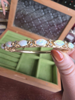 Vintage Australian Opal & Diamond Bangle Bracelet  14K Yellow Gold