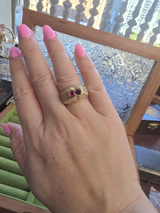 Vintage French 18K Gold Double Ruby And 1.60 Carat Diamond Pyramid Dome Ring