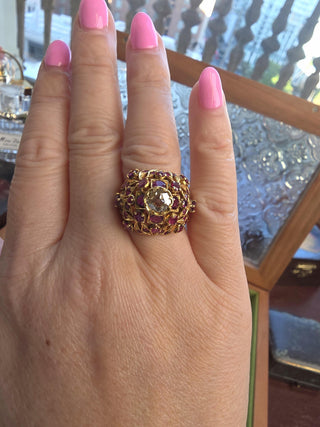 Vintage 21K Gold Ruby and 1.25 Carat Old European Cut Diamond Dome Cocktail Ring
