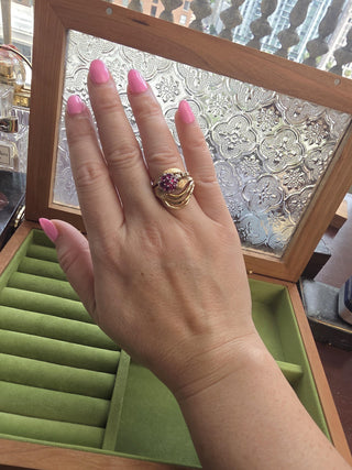 Vintage 13.5K Gold Ruby and Diamond Floral Cocktail Ring