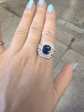 Estate 18K Gold 3.75 Carat Blue Sapphire Cushion 1.50 Carat Diamond Ring