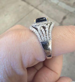 Estate 18K Gold 3.75 Carat Blue Sapphire Cushion 1.50 Carat Diamond Ring