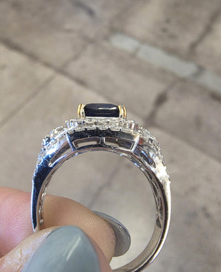 Estate 18K Gold 3.75 Carat Blue Sapphire Cushion 1.50 Carat Diamond Ring