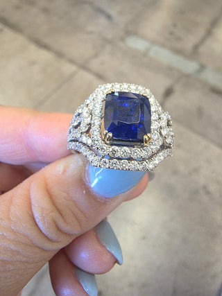 Estate 18K Gold 3.75 Carat Blue Sapphire Cushion 1.50 Carat Diamond Ring