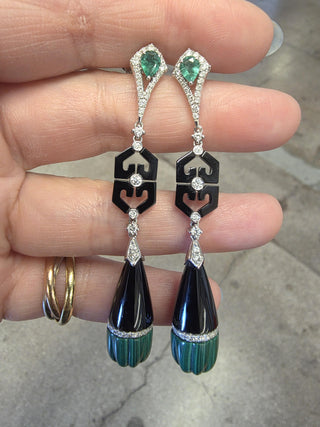 Art Deco Style 18K Gold Emerald, Malachite, Onyx and Diamond Dangle Earrings
