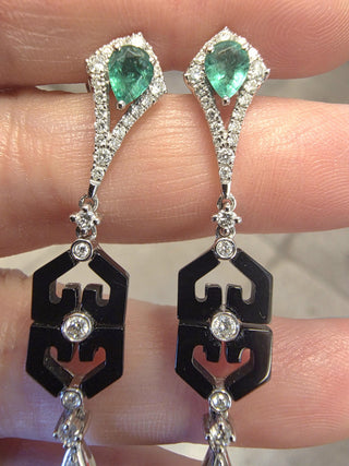 Art Deco Style 18K Gold Emerald, Malachite, Onyx and Diamond Dangle Earrings