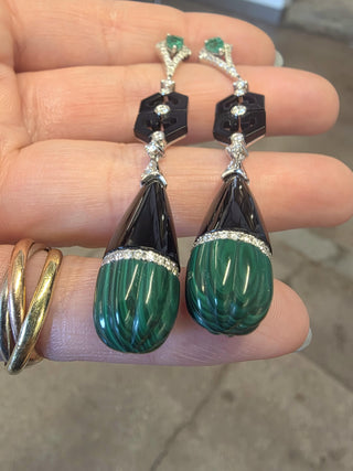 Art Deco Style 18K Gold Emerald, Malachite, Onyx and Diamond Dangle Earrings