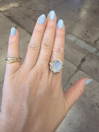 Vintage 14K Gold Moonstone Cabochon Oval and Diamond Cocktail Ring