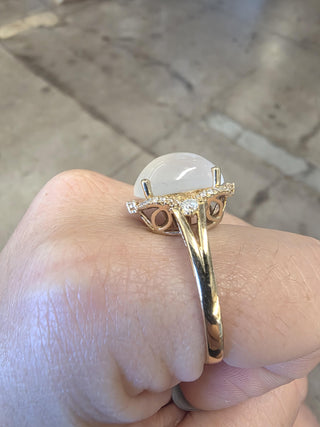 Vintage 14K Gold Moonstone Cabochon Oval and Diamond Cocktail Ring
