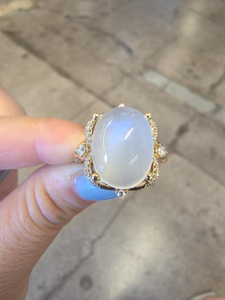 Vintage 14K Gold Moonstone Cabochon Oval and Diamond Cocktail Ring