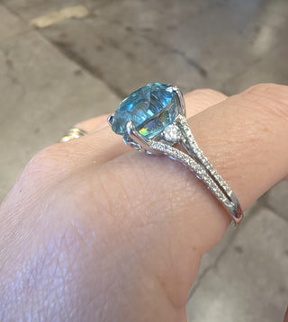 Estate 18K White Gold 10 Carat Blue Zircon and Diamond Cocktail Ring