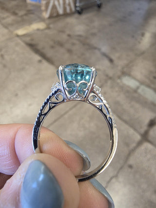 Estate 18K White Gold 10 Carat Blue Zircon and Diamond Cocktail Ring