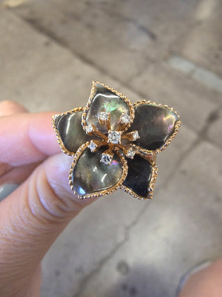 Estate 18K Gold Mother of Pearl and Diamond Floral Cocktail Ring