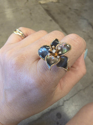 Estate 18K Gold Mother of Pearl and Diamond Floral Cocktail Ring