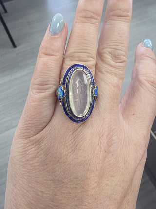 Antique Art Nouveau 14K Gold Moonstone Intaglio and Enamel Floral Navette Ring