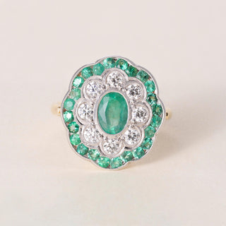Vintage French 18K Gold 1 Carat Emerald and 0.48 Carats Diamond Floral Ring