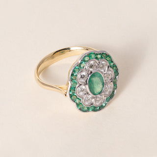 Vintage French 18K Gold 1 Carat Emerald and 0.48 Carats Diamond Floral Ring
