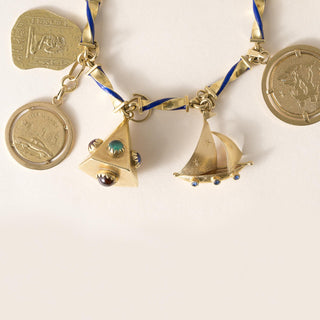 18K Gold Multi Vintage Charm Bracelet on Enamel Chain