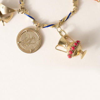 18K Gold Multi Vintage Charm Bracelet on Enamel Chain