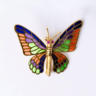 18K Yellow Gold Articulated Butterfly Brooch with Color Applique Made in Spain