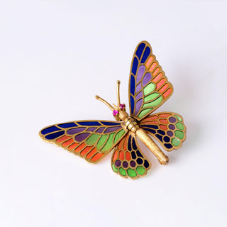 18K Yellow Gold Articulated Butterfly Brooch with Color Applique Made in Spain