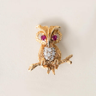 Vintage Owl Diamond and Ruby Eyes Brooch 14K Yellow Gold