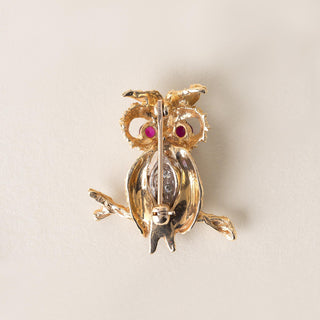 Vintage Owl Diamond and Ruby Eyes Brooch 14K Yellow Gold