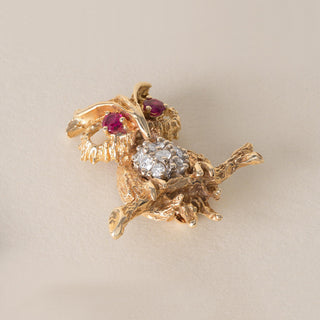 Vintage Owl Diamond and Ruby Eyes Brooch 14K Yellow Gold
